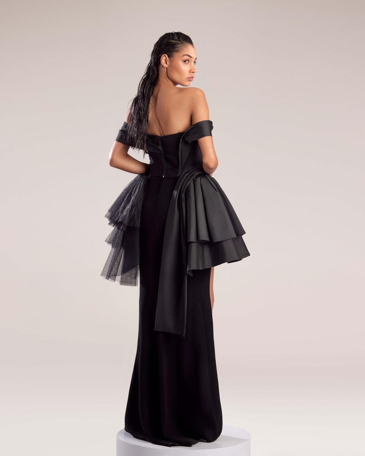 Sleek Black Crepe Skirt with High Slit and Diagonal Seams