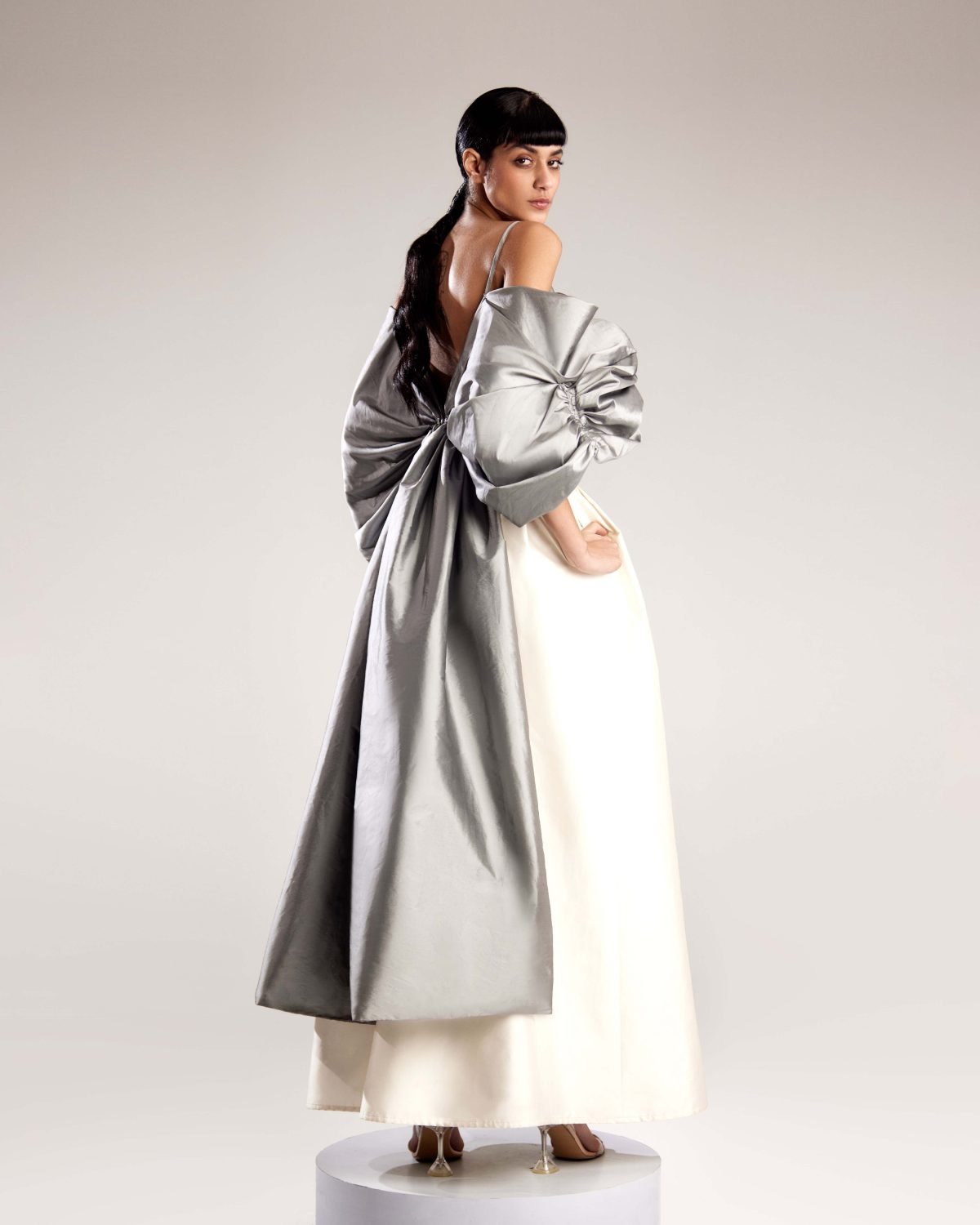 Luxurious Silver Taffeta Top with Dramatic Folds for a Glamorous Look