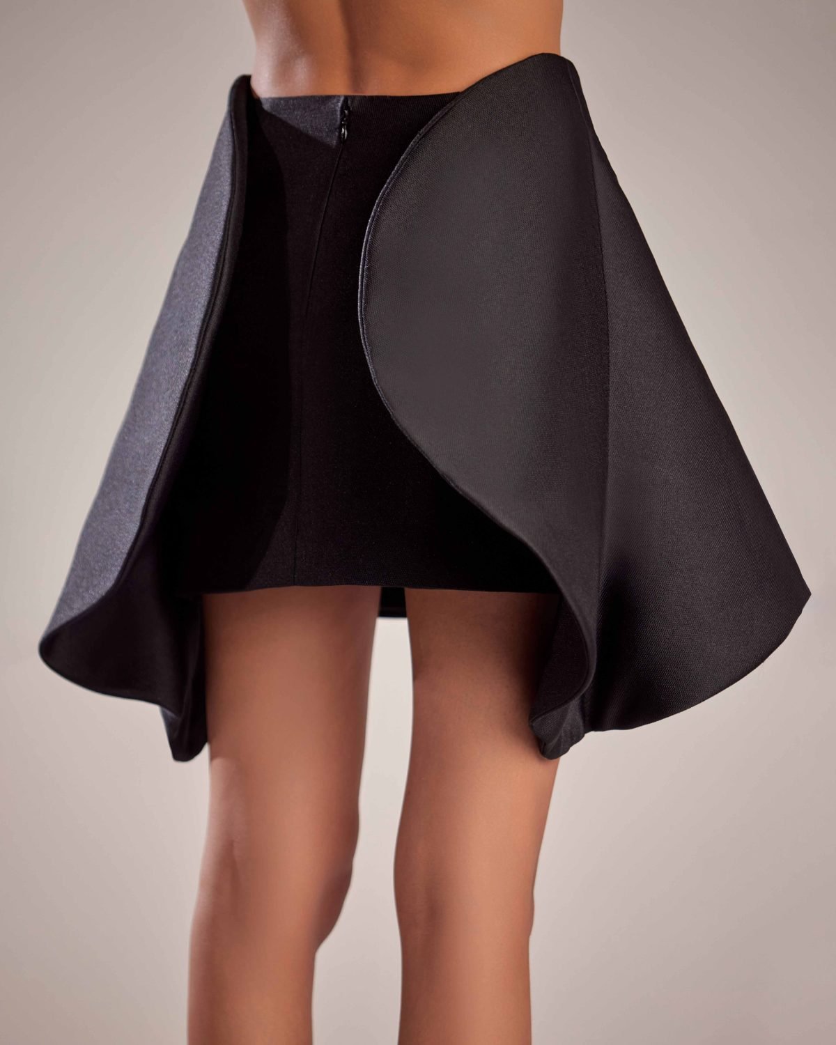 Elegant Black Mikado Piqué Skirt with Low-Waist and Sculptural Drapes