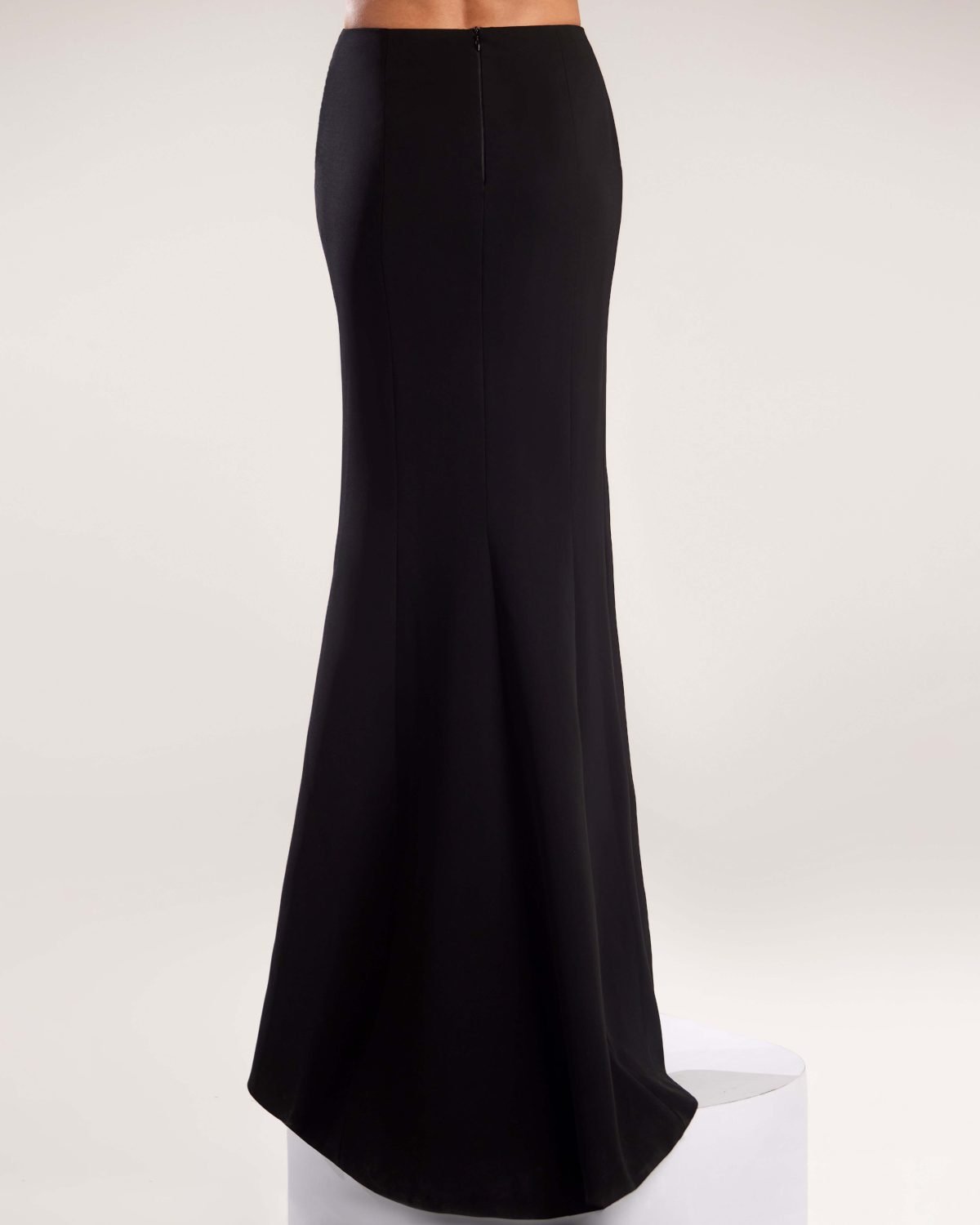 Sleek Black Crepe Skirt with High Slit and Diagonal Seams