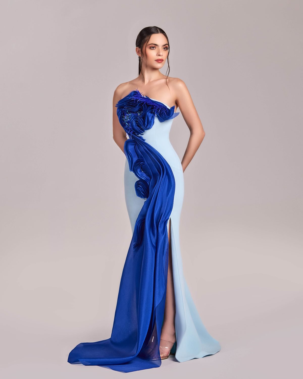 Chic Ice Blue Gown with Royal Blue Organza and Crystal Accents