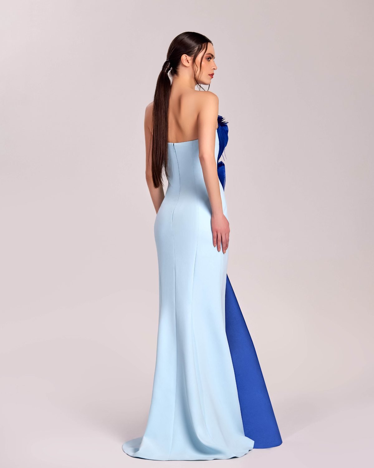 Chic Ice Blue Gown with Royal Blue Organza and Crystal Accents