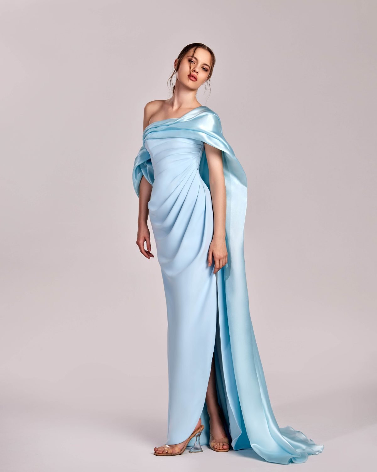 Elegant Ice Blue Off-Shoulder Dress with Cape