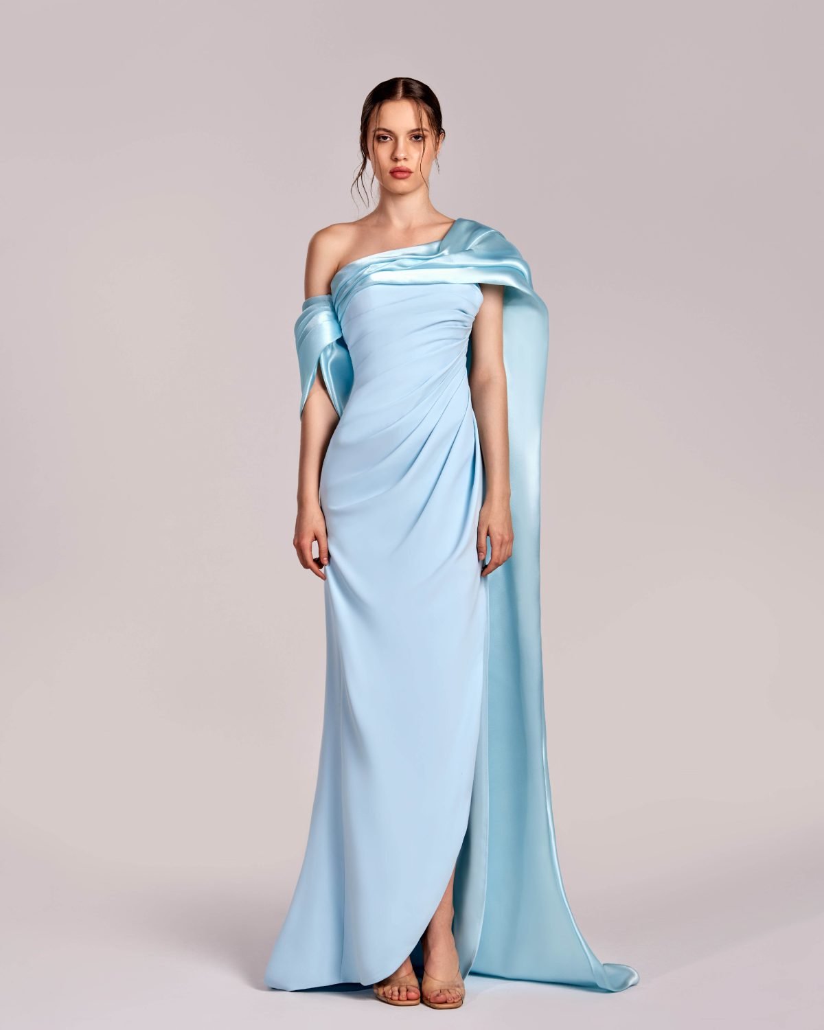 Elegant Ice Blue Off-Shoulder Dress with Cape