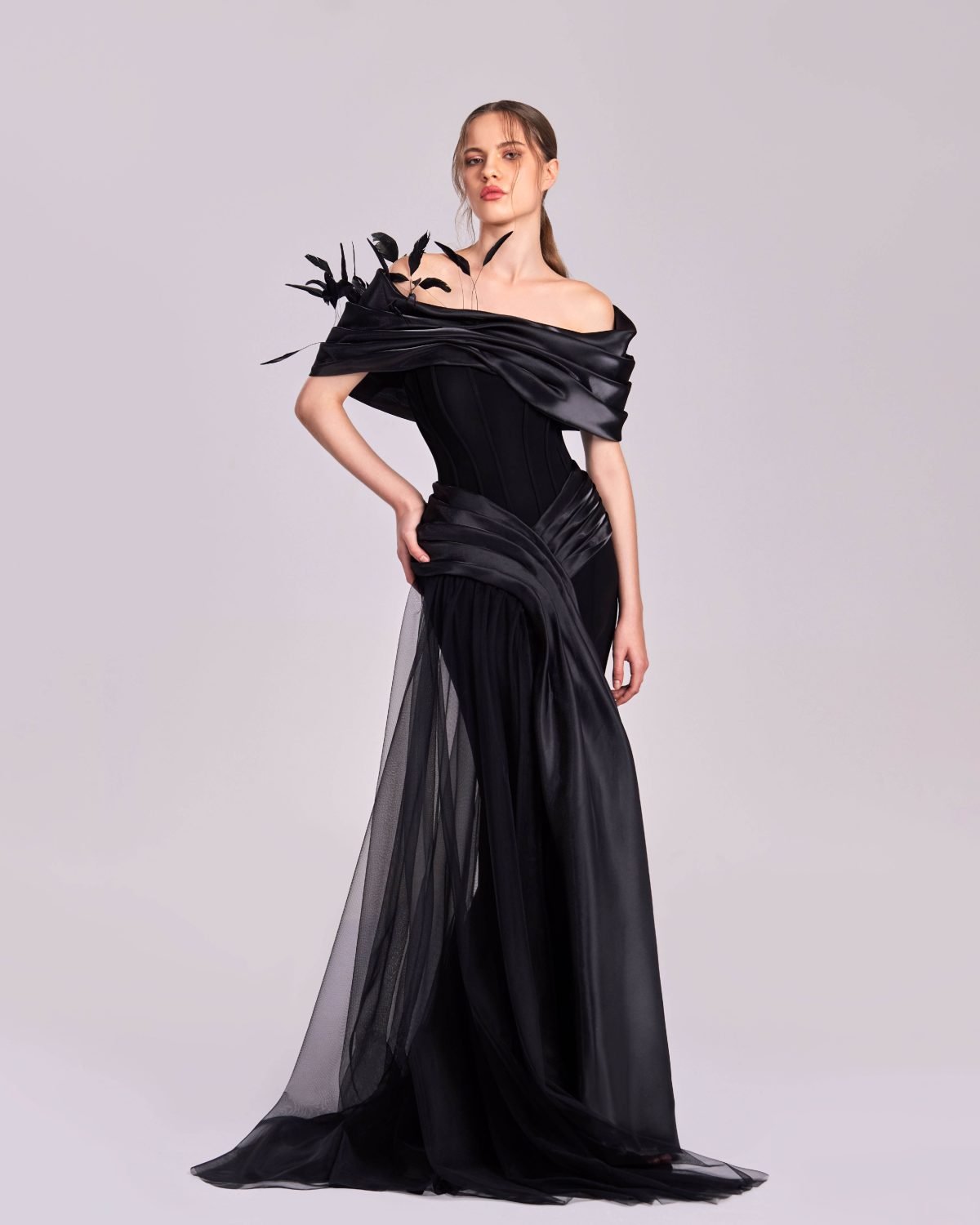 Black Corset Dress with Feathered Off-Shoulders