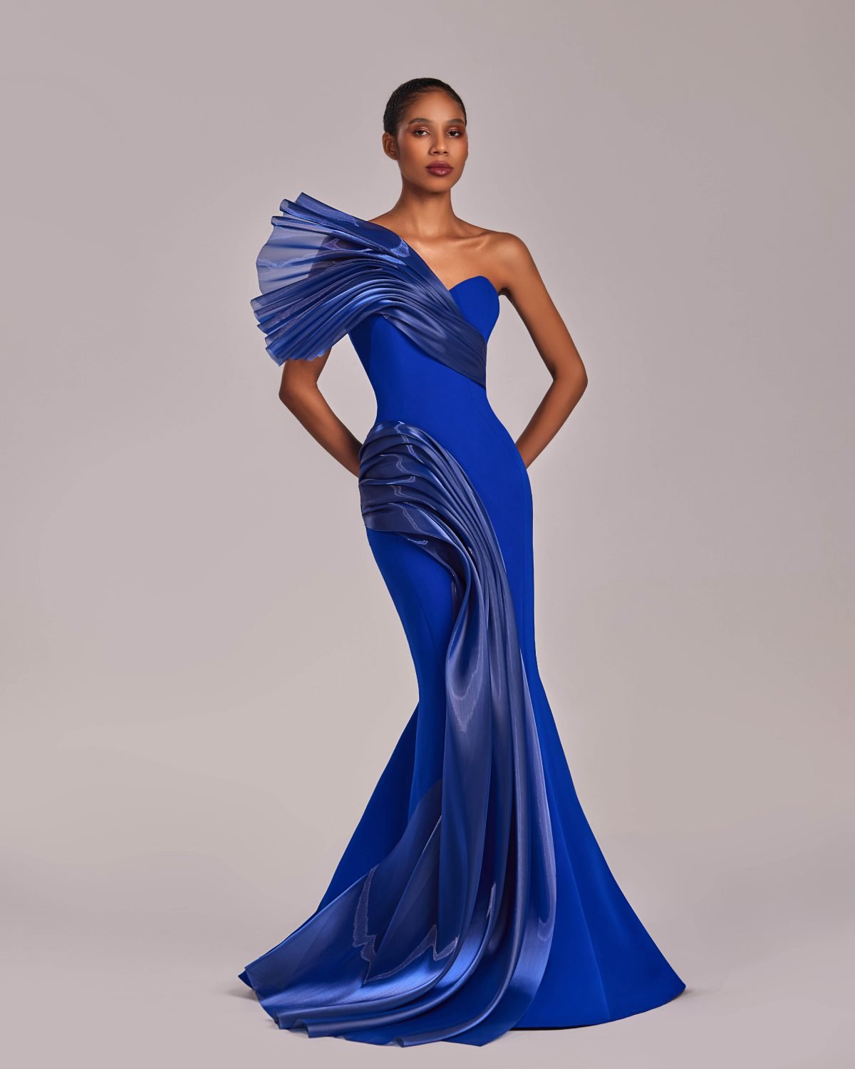 Shiny One Shoulder Draped Organza Blue Mermaid Dress