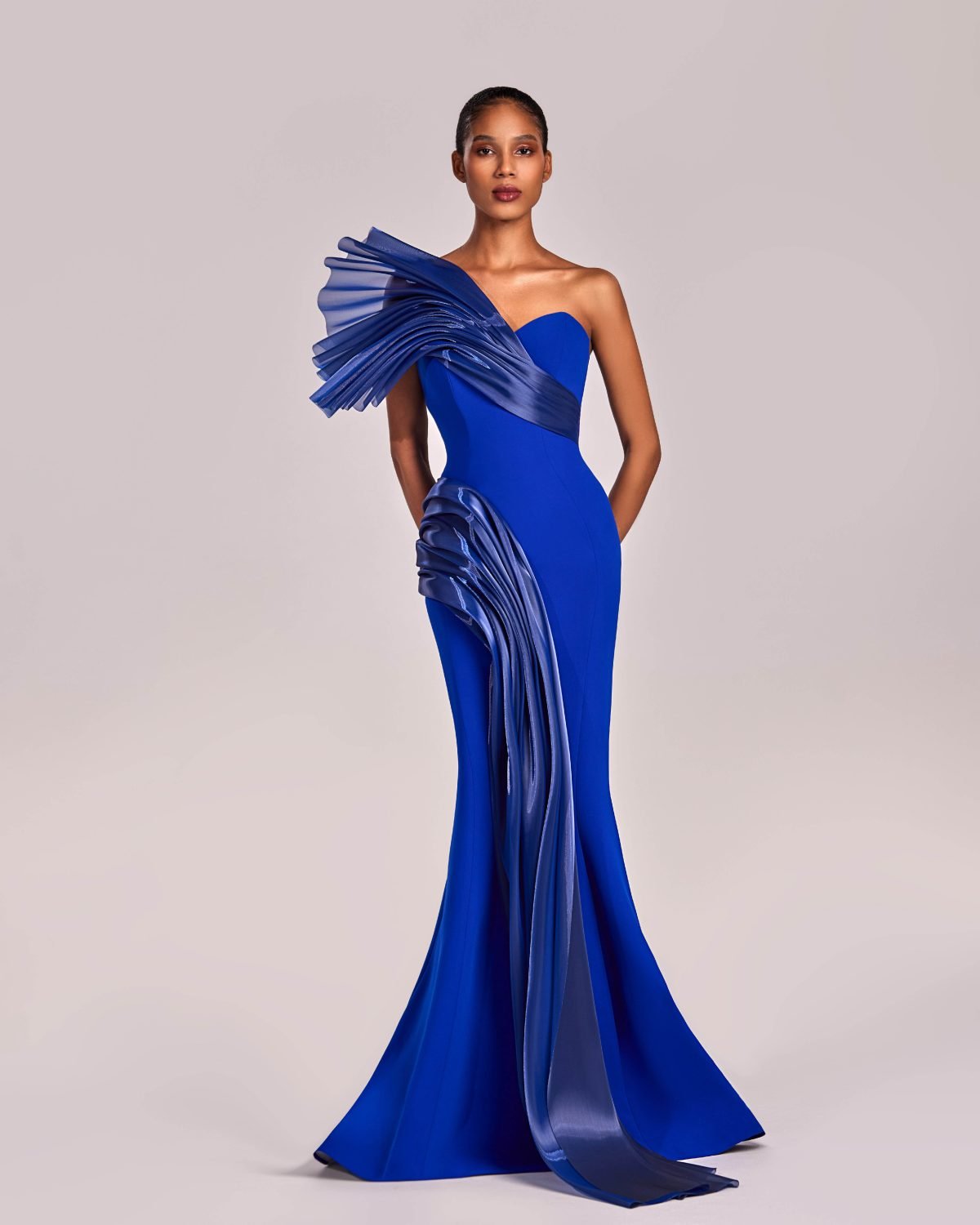 Shiny One Shoulder Draped Organza Blue Mermaid Dress