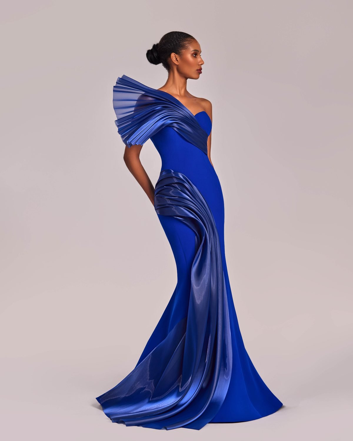 Shiny One Shoulder Draped Organza Blue Mermaid Dress