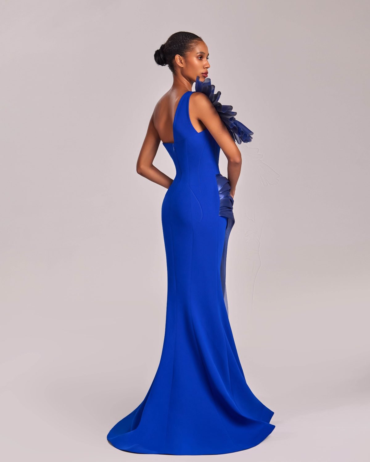 Shiny One Shoulder Draped Organza Blue Mermaid Dress