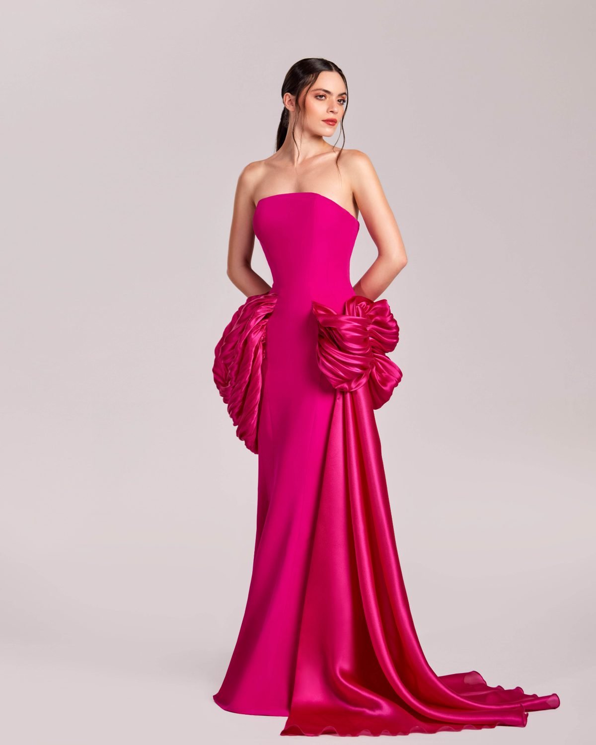 Vibrant Strapless Fuchsia Dress with Exquisite Draped Organza Accents