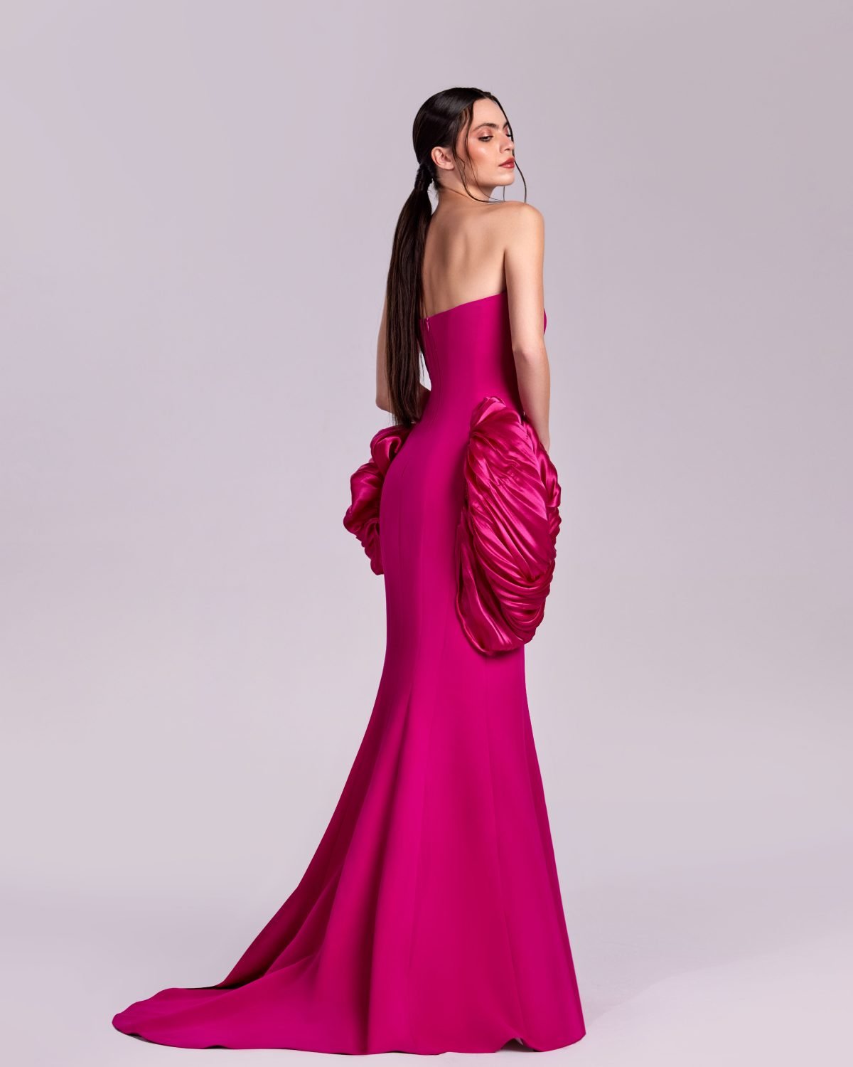 Vibrant Strapless Fuchsia Dress with Exquisite Draped Organza Accents