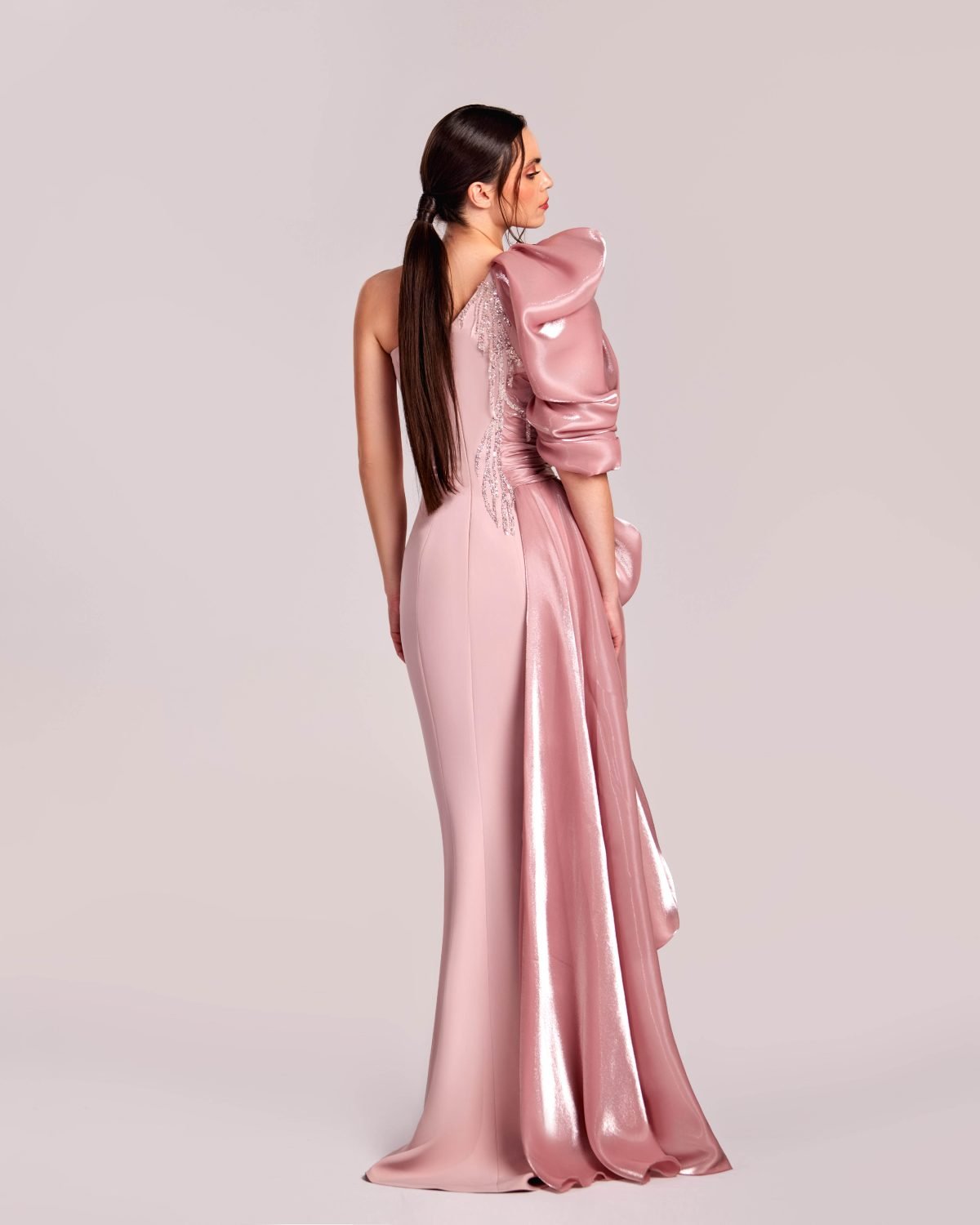 Dramatic Ruffled Sleeve and Lace Adorned Gown