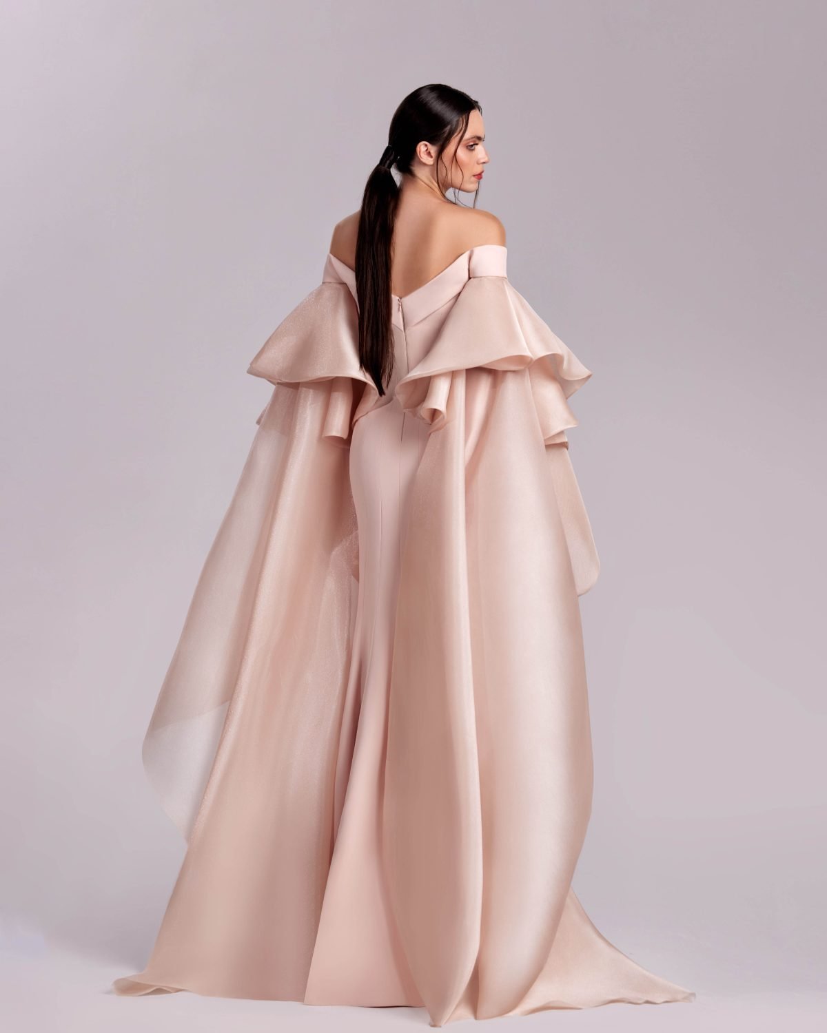 Majestic Embellished Pink Gown with Cascading Sleeves