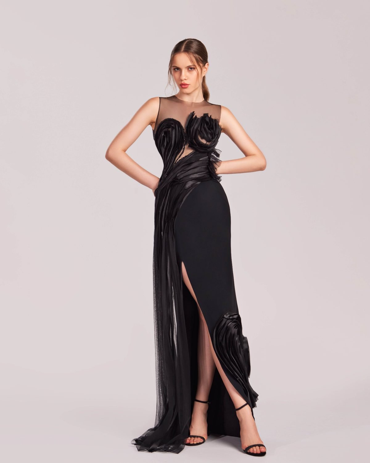 Swirled crystallized bodice with Sheer Illusion Neckline Dress
