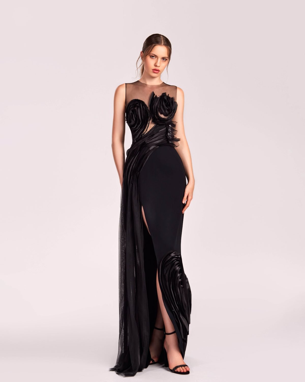 Swirled crystallized bodice with Sheer Illusion Neckline Dress