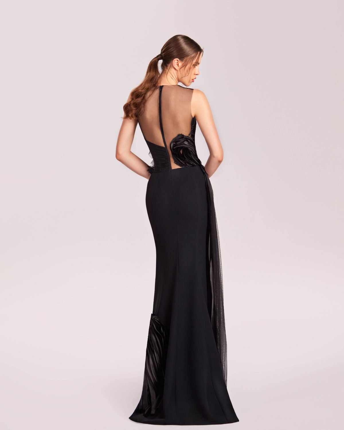 Swirled crystallized bodice with Sheer Illusion Neckline Dress