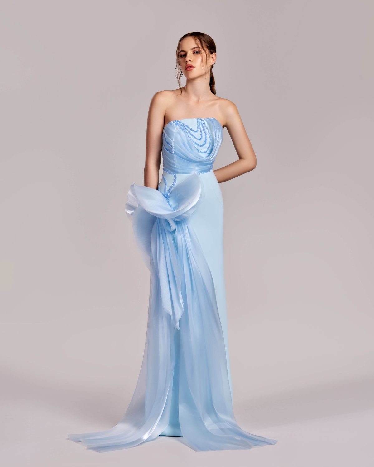 Ice Blue Strapless Dress with Crystal Trims and Manipulated Organza
