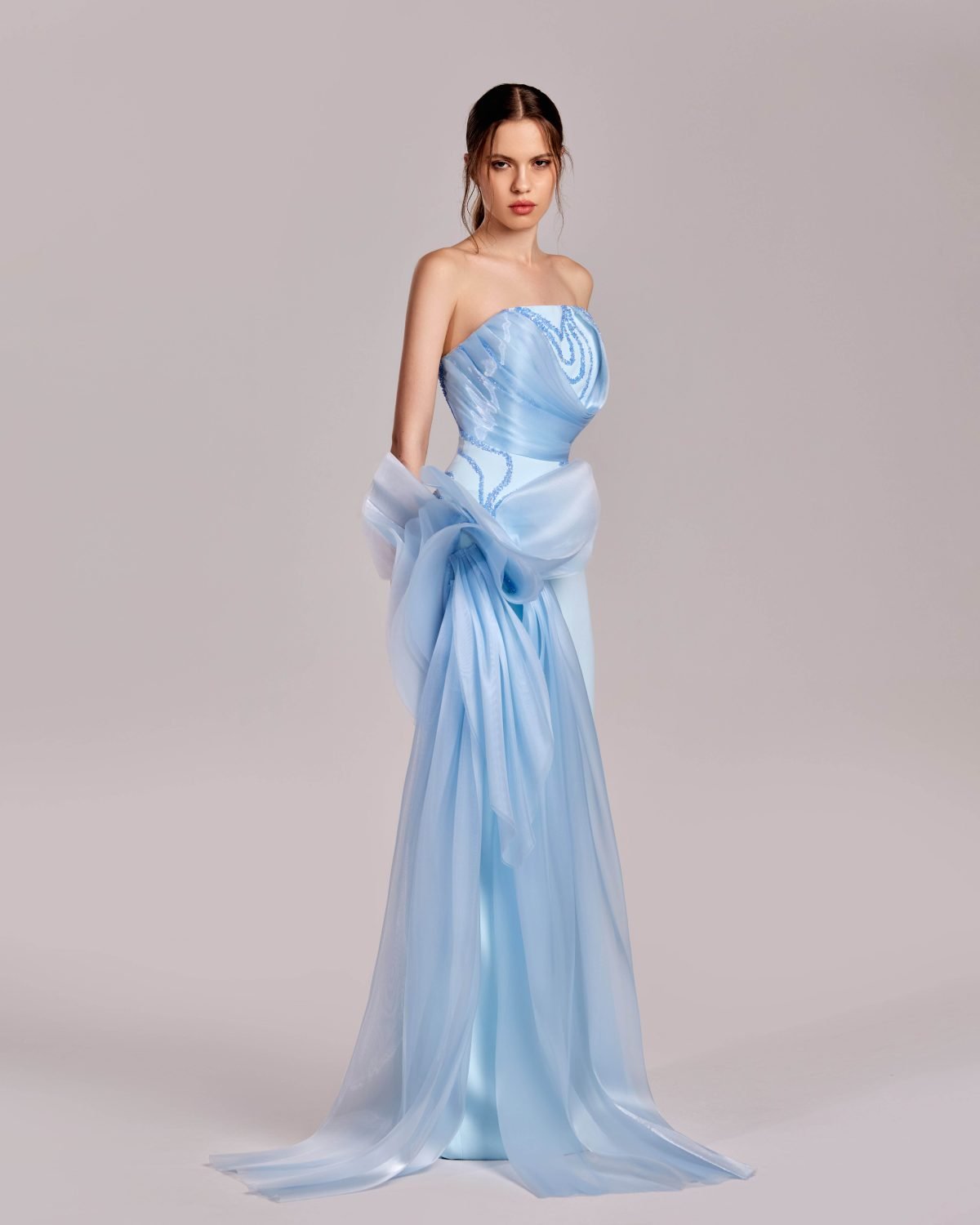 Ice Blue Strapless Dress with Crystal Trims and Manipulated Organza