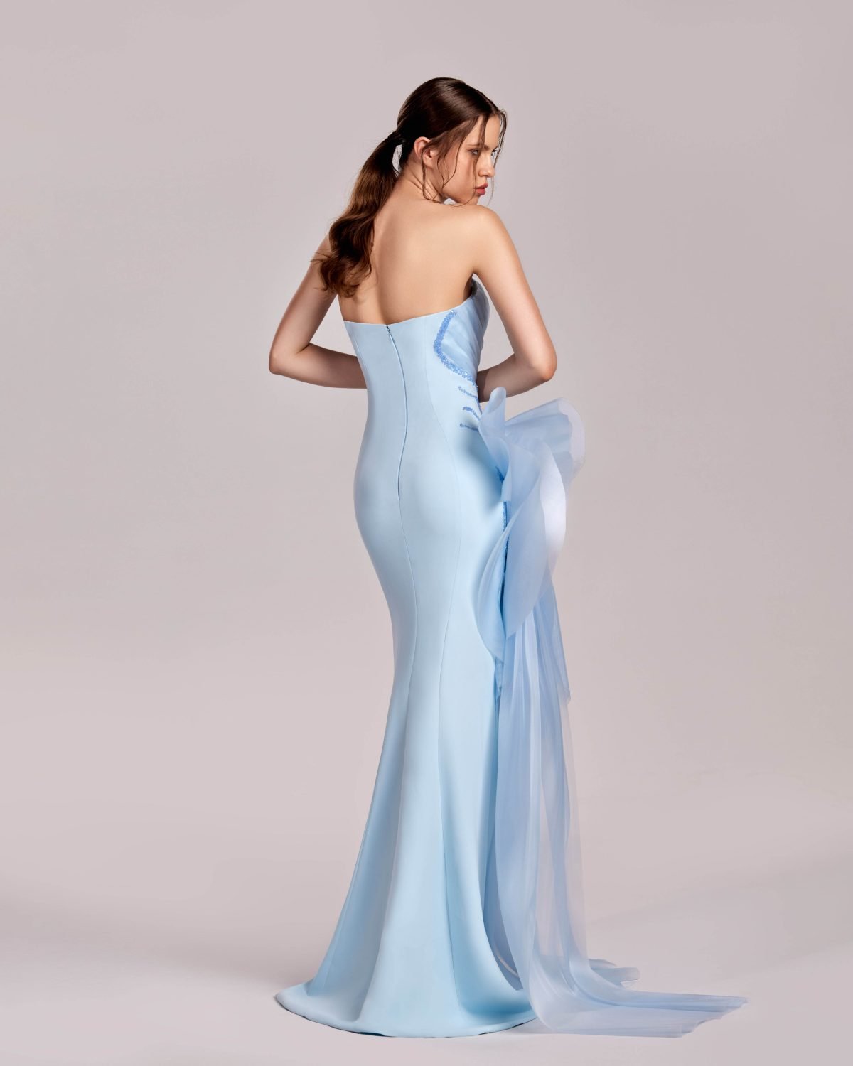Ice Blue Strapless Dress with Crystal Trims and Manipulated Organza