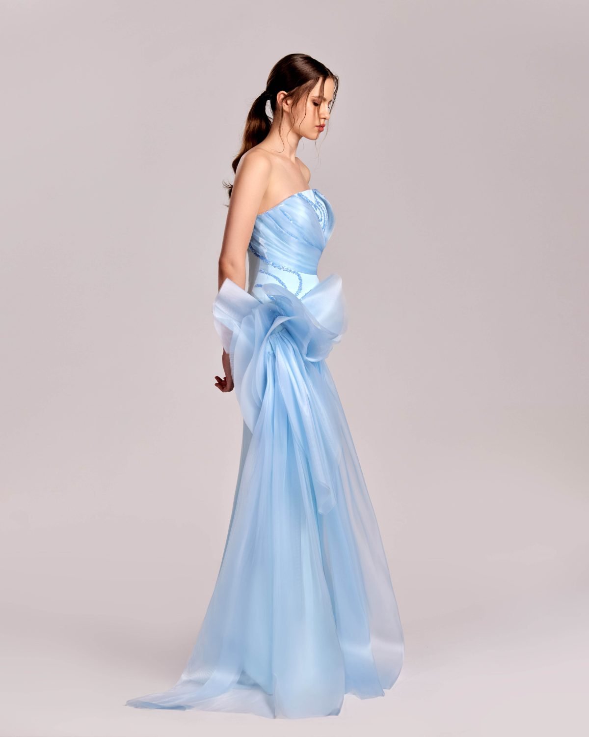 Ice Blue Strapless Dress with Crystal Trims and Manipulated Organza