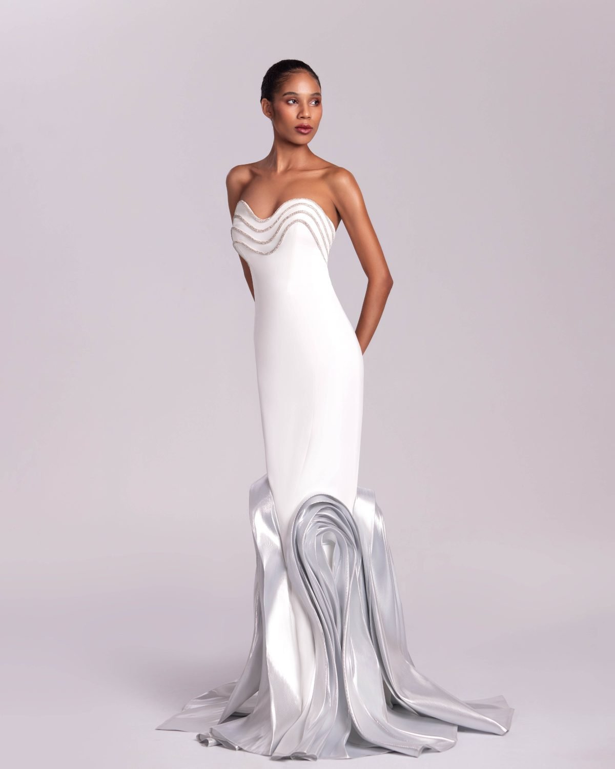 Wave-like Crystalized White Mermaid Gown with Metallic details