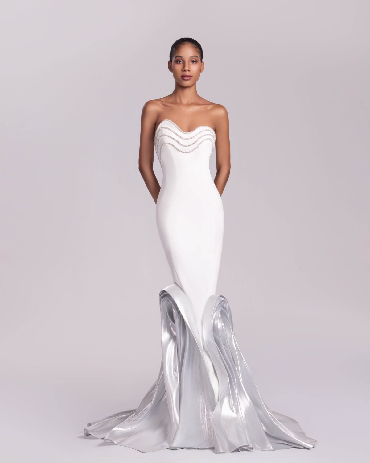 Wave-like Crystalized White Mermaid Gown with Metallic details