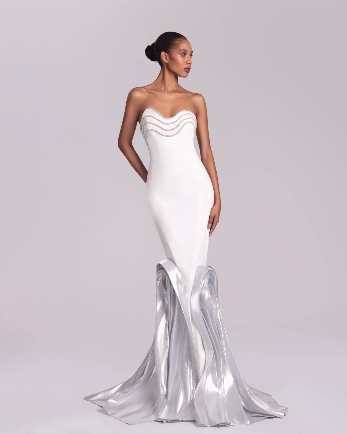 Wave-like Crystalized White Mermaid Gown with Metallic details