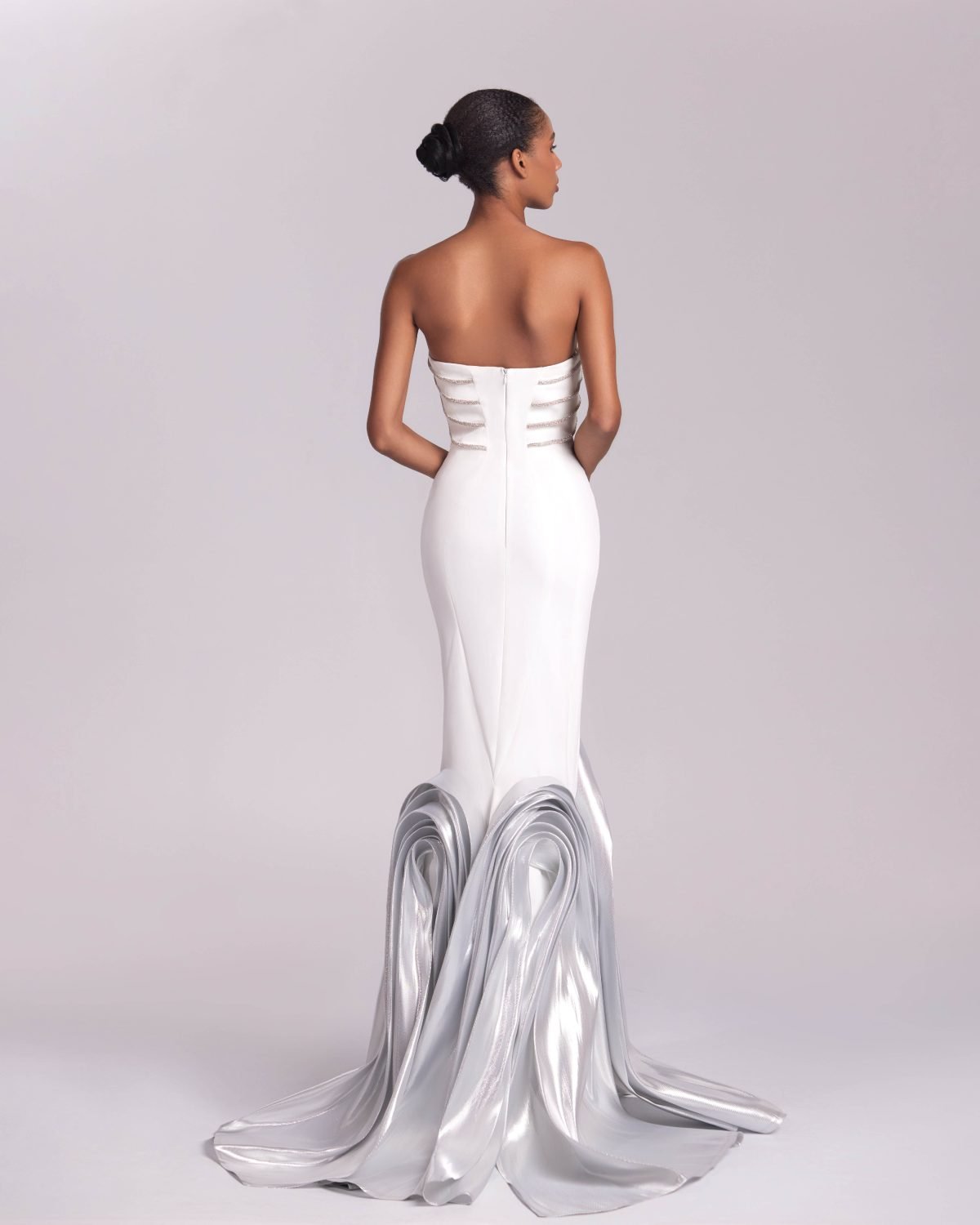 Wave-like Crystalized White Mermaid Gown with Metallic details