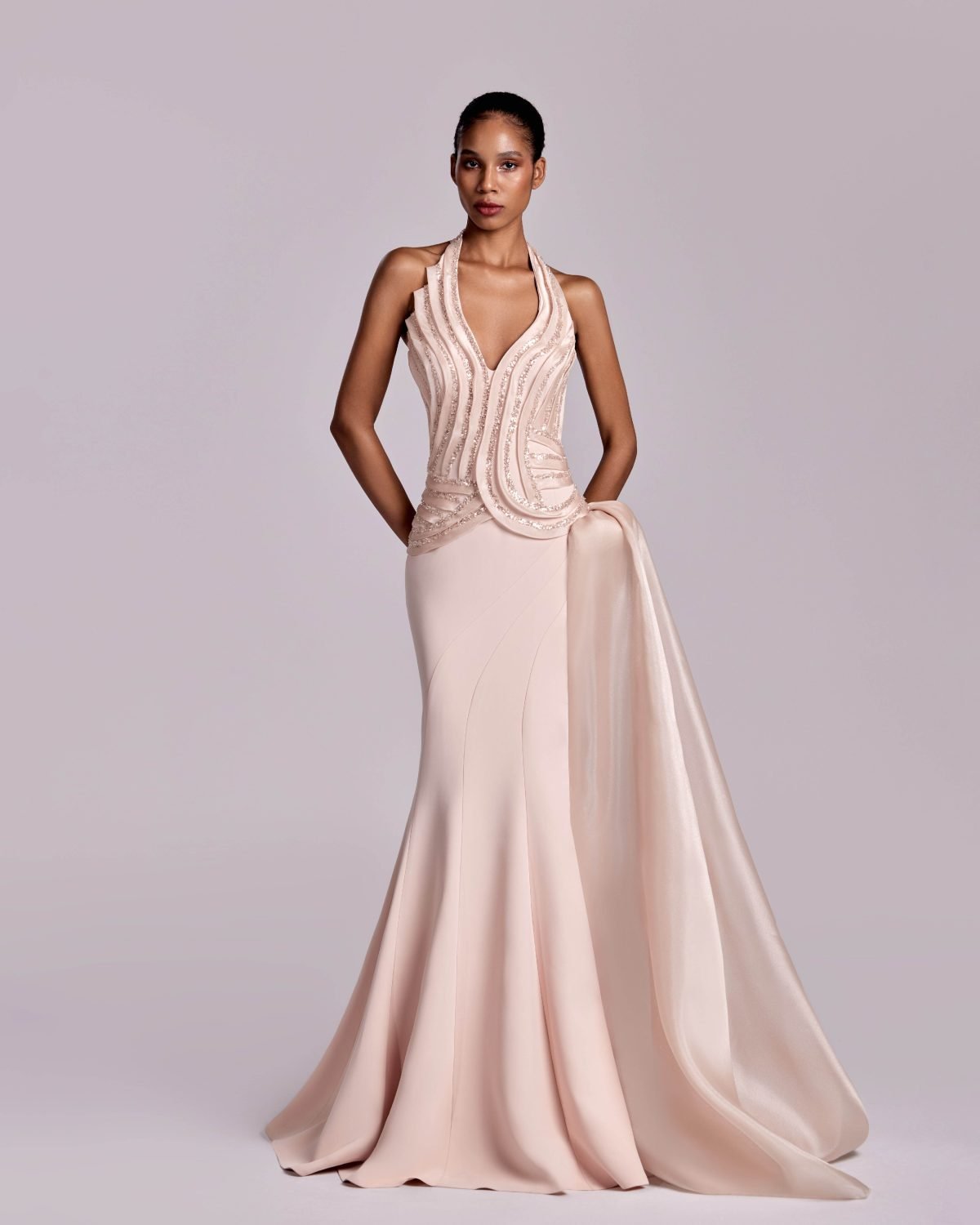 Embellished Halter-Neck Pink Nude Dress With a Flowing Train