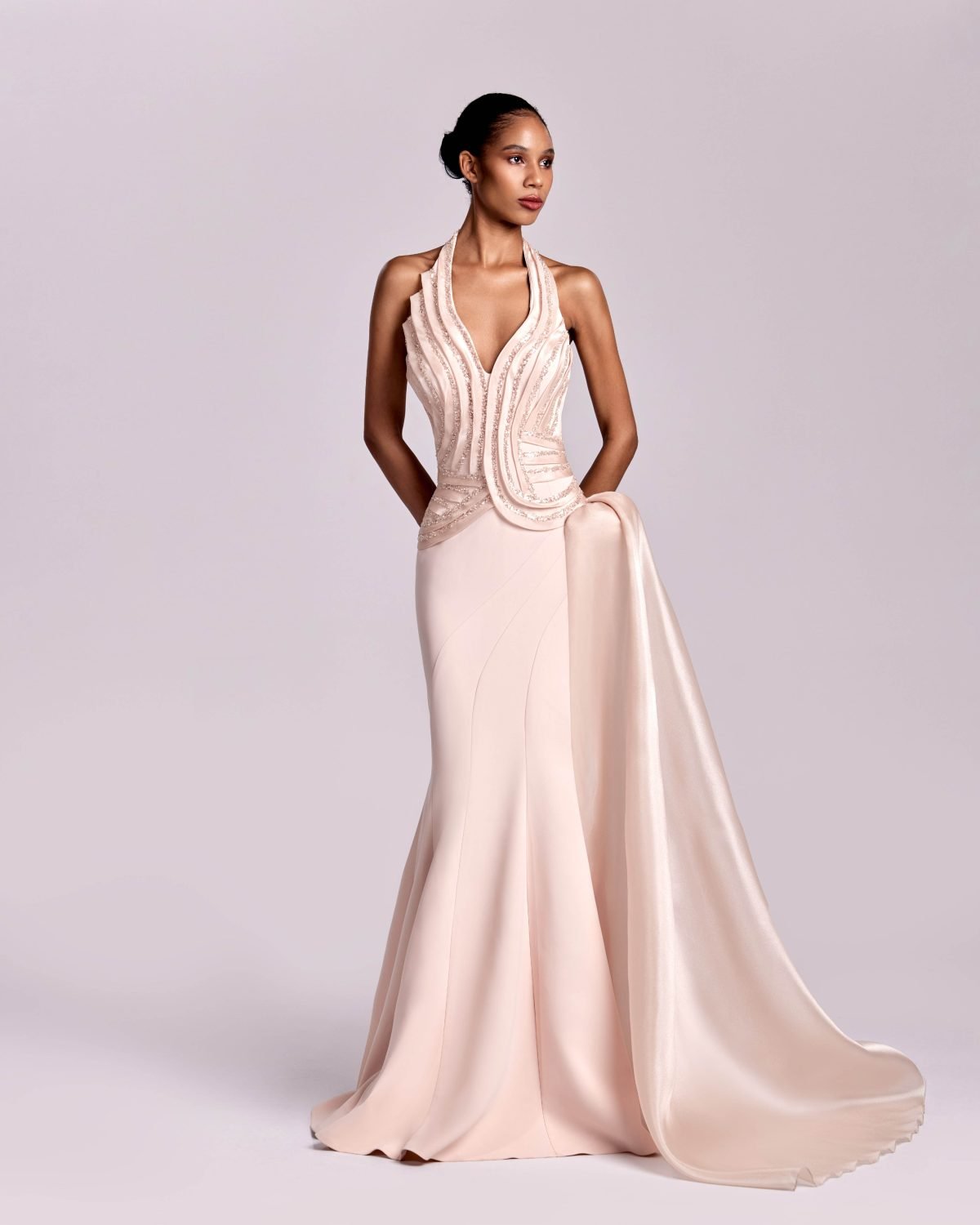 Embellished Halter-Neck Pink Nude Dress With a Flowing Train