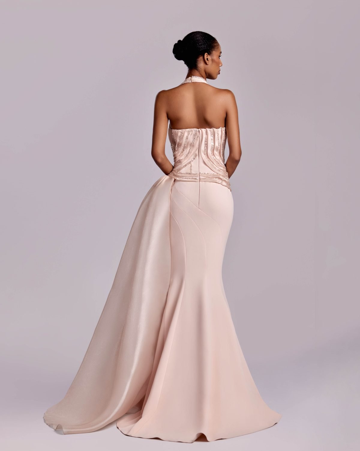 Embellished Halter-Neck Pink Nude Dress With a Flowing Train