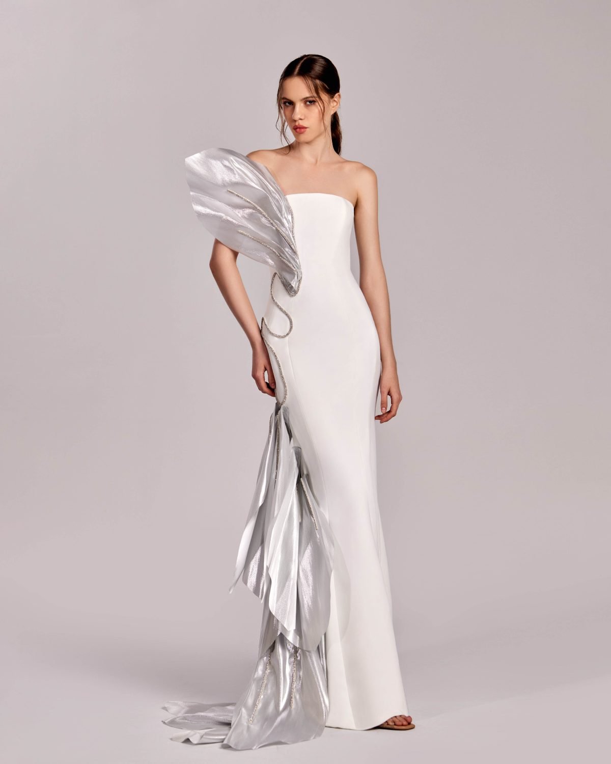 Luminous Metallic with Crystal Trims Off-White and Silver dress