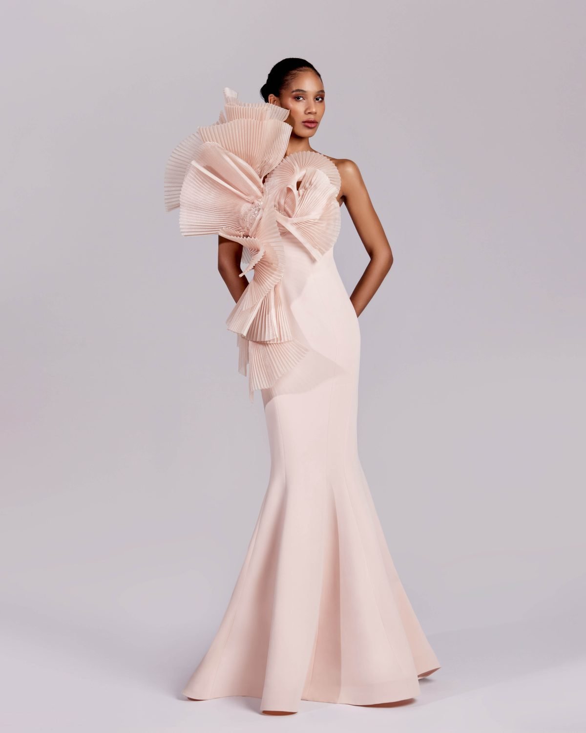 Nude Pink Mermaid Gown with Dramatic Pleated One Shoulder Ruffles