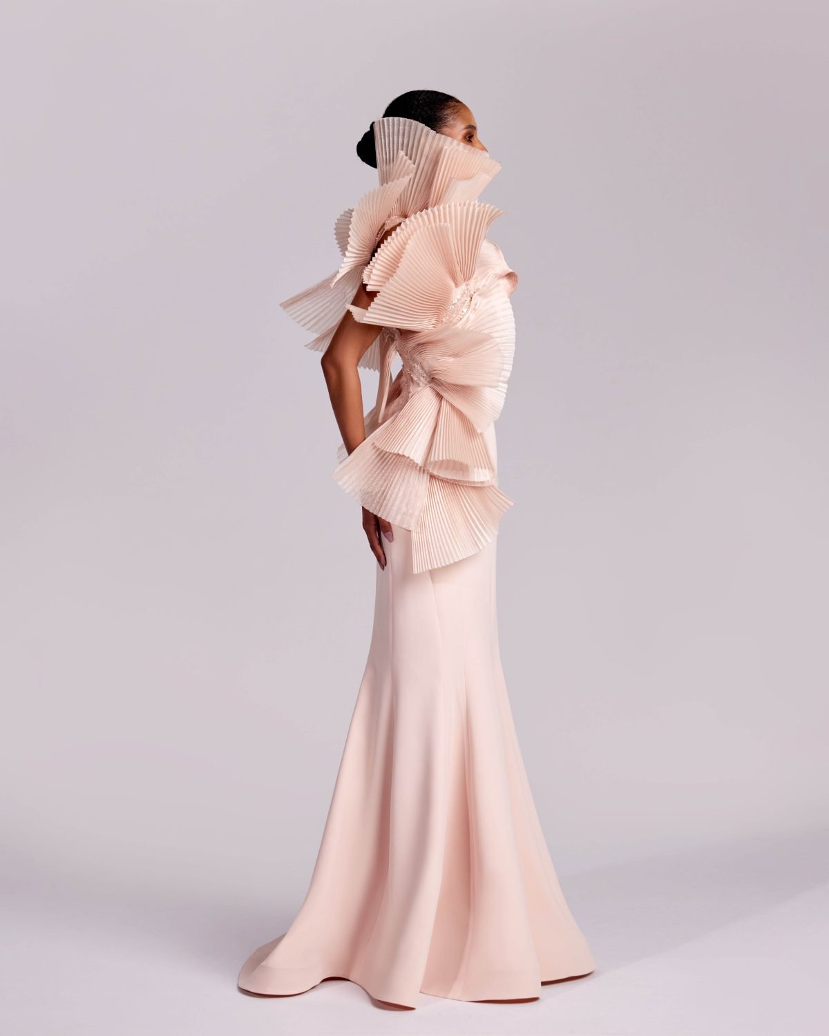 Nude Pink Mermaid Gown with Dramatic Pleated One Shoulder Ruffles