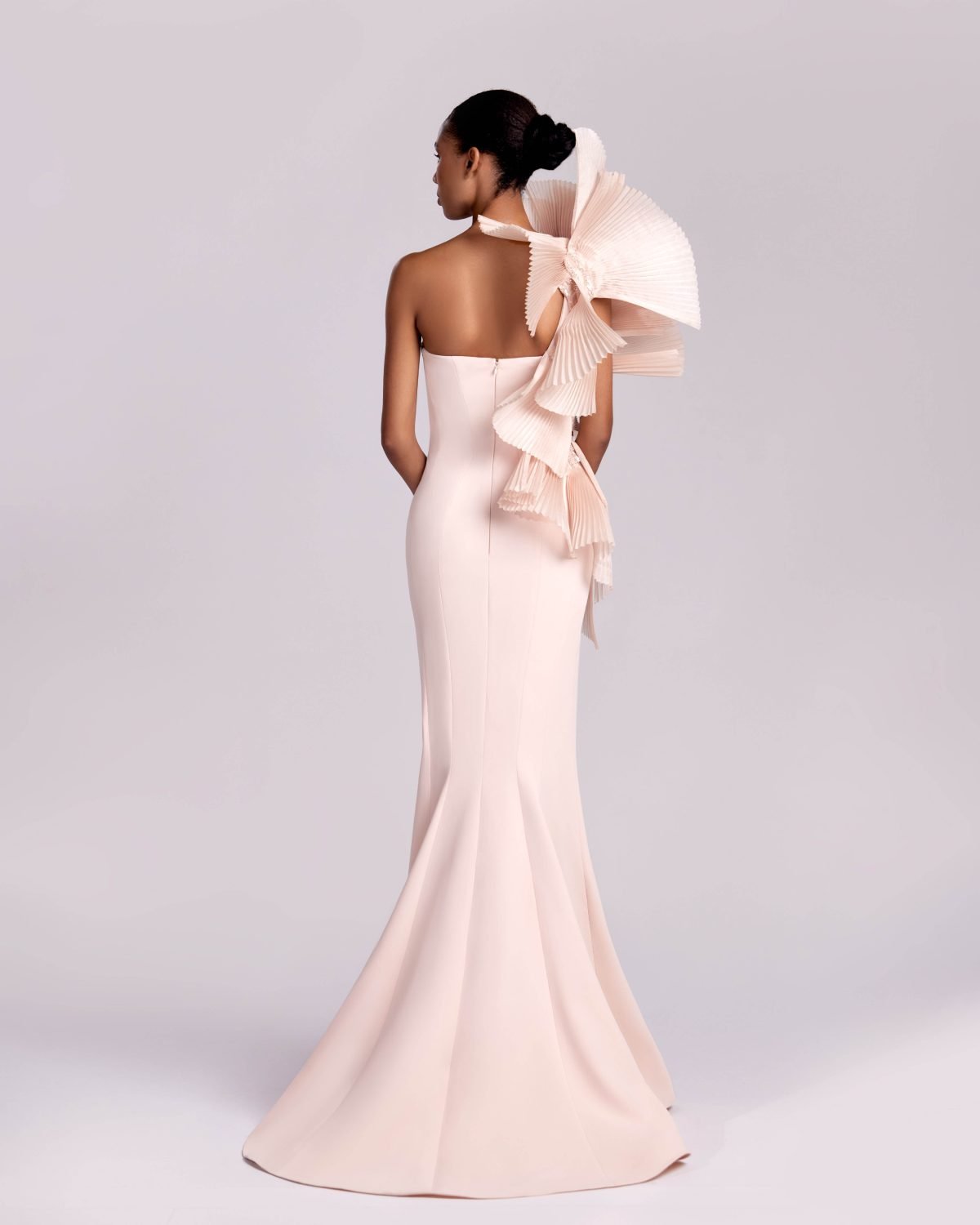 Nude Pink Mermaid Gown with Dramatic Pleated One Shoulder Ruffles