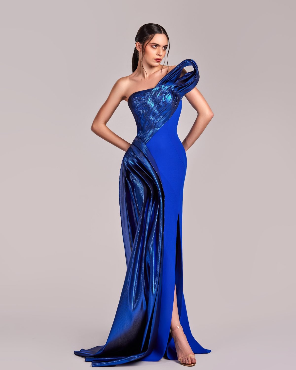 Dazzling Blue Dress with Sculptural Metallic Draping