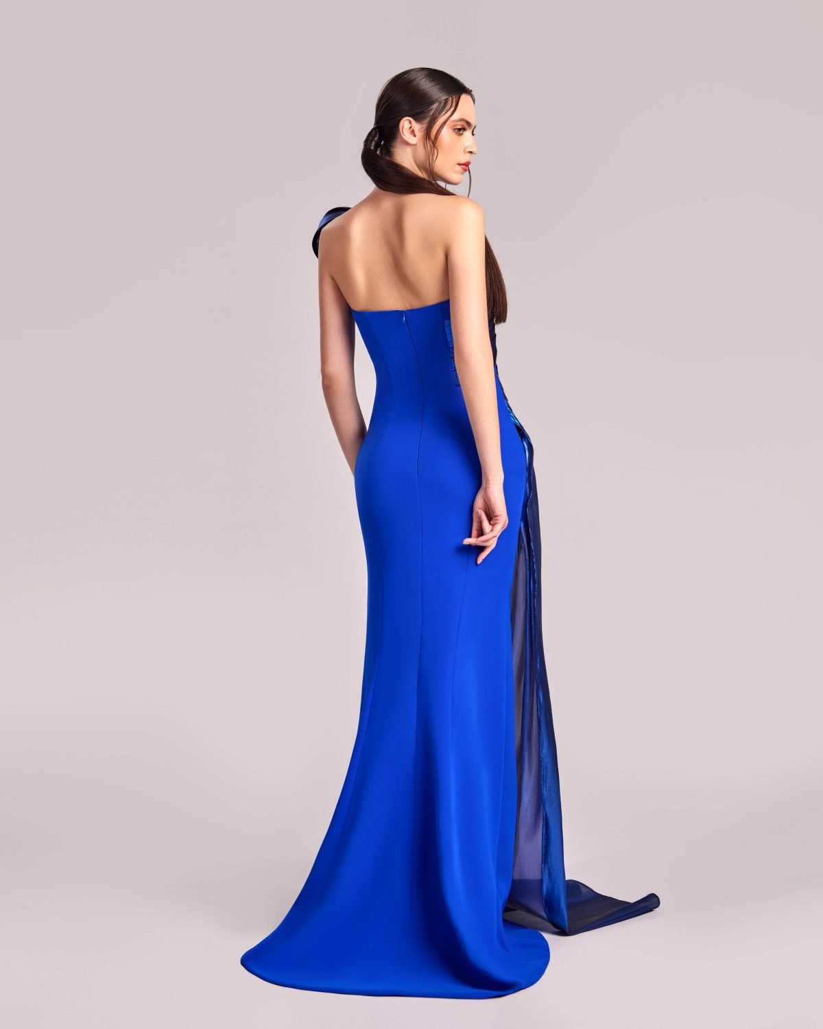 Dazzling Blue Dress with Sculptural Metallic Draping