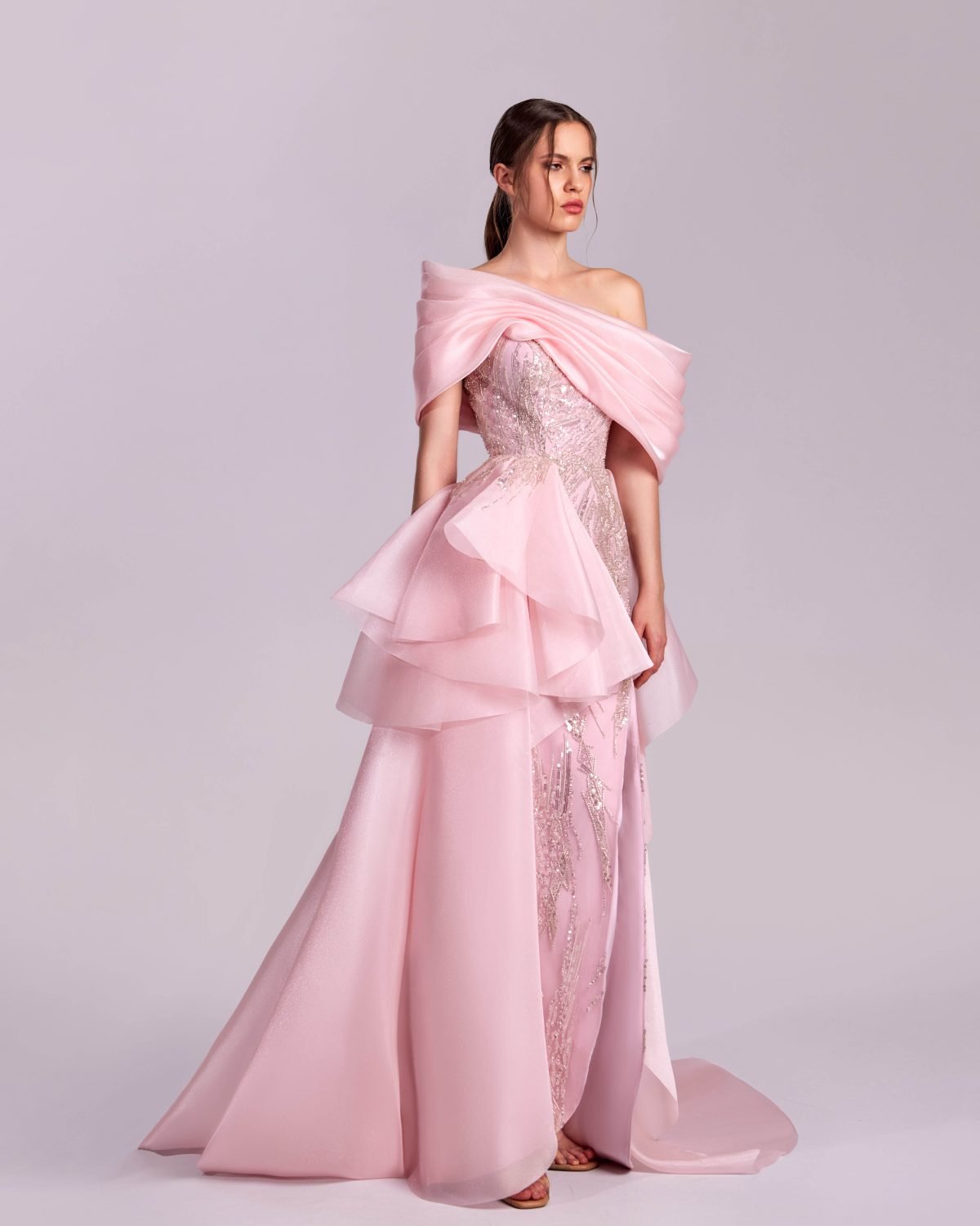 Whimsical Off-Shoulders Lace and Organza Pink Dress
