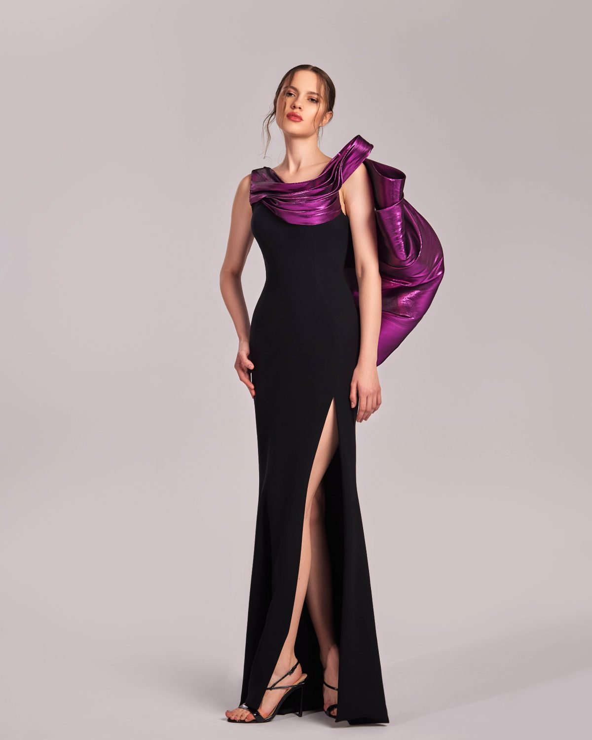 Black Open Back Dress with Metallic Fuchsia Drapes