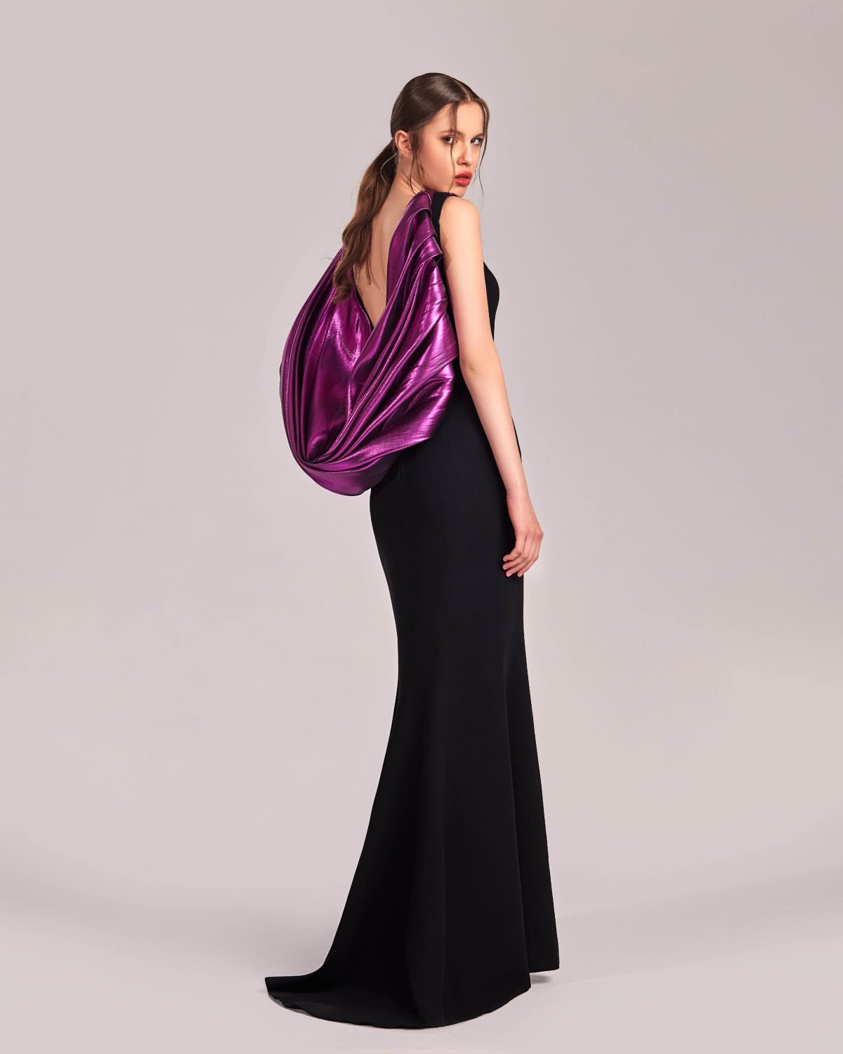 Black Open Back Dress with Metallic Fuchsia Drapes