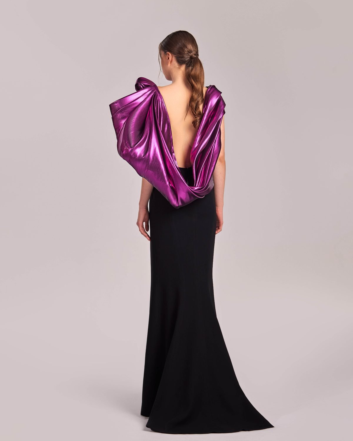 Black Open Back Dress with Metallic Fuchsia Drapes