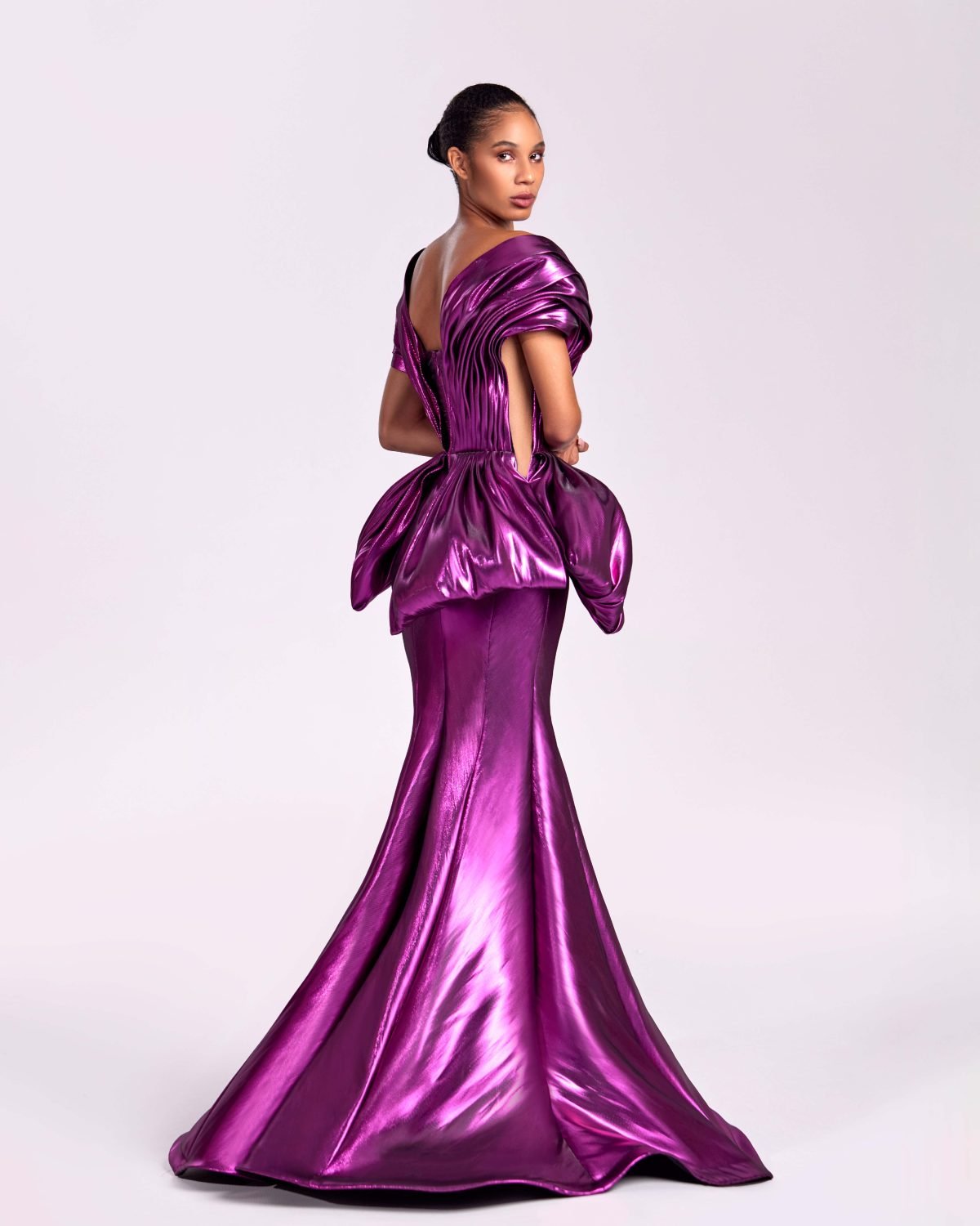 Deep V Metallic Fuchsia Mermaid Dress