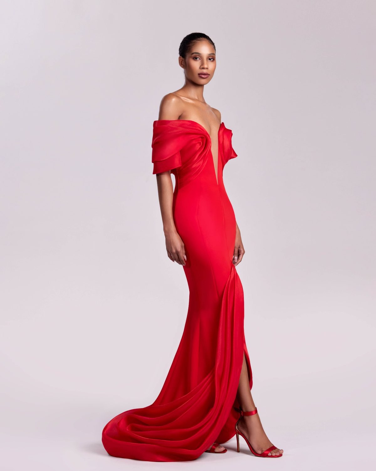 Red Off-the-Shoulder Gown with Deep V-Cut and Front Slit