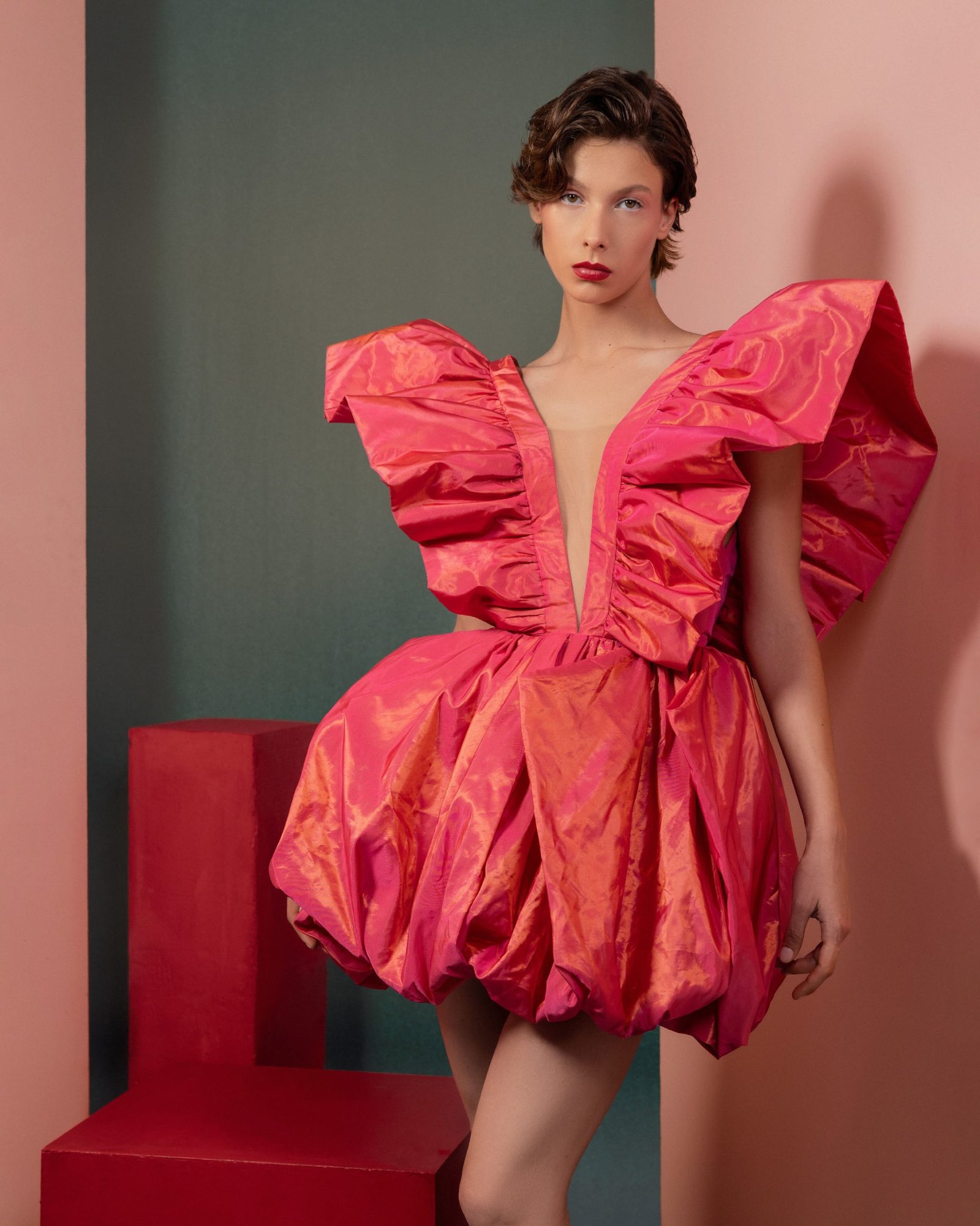 Plunging Ruffles in Metallic Coral Taffeta Party Dress
