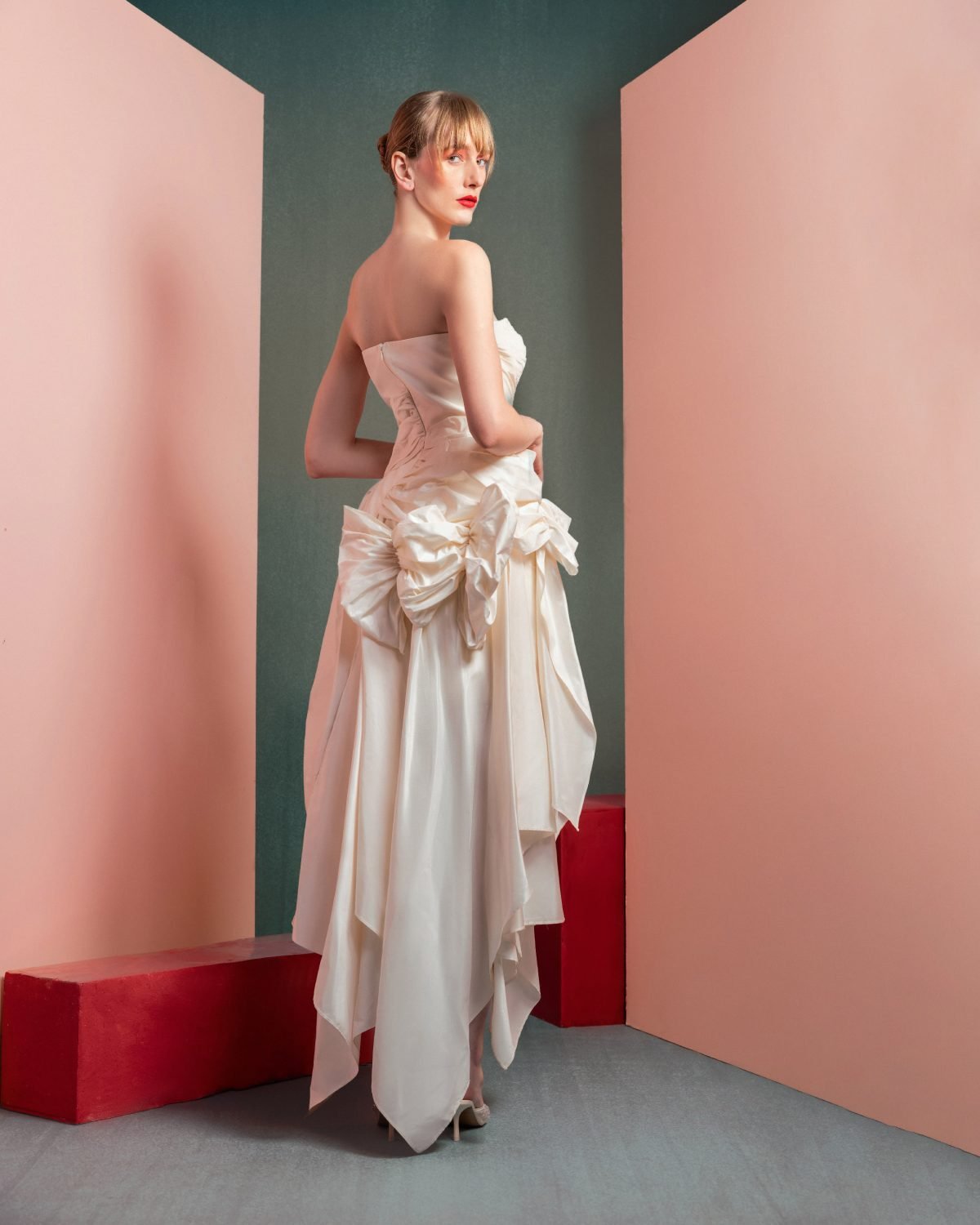Strapless Asymmetrical Taffeta Dress with Ruffle Accents