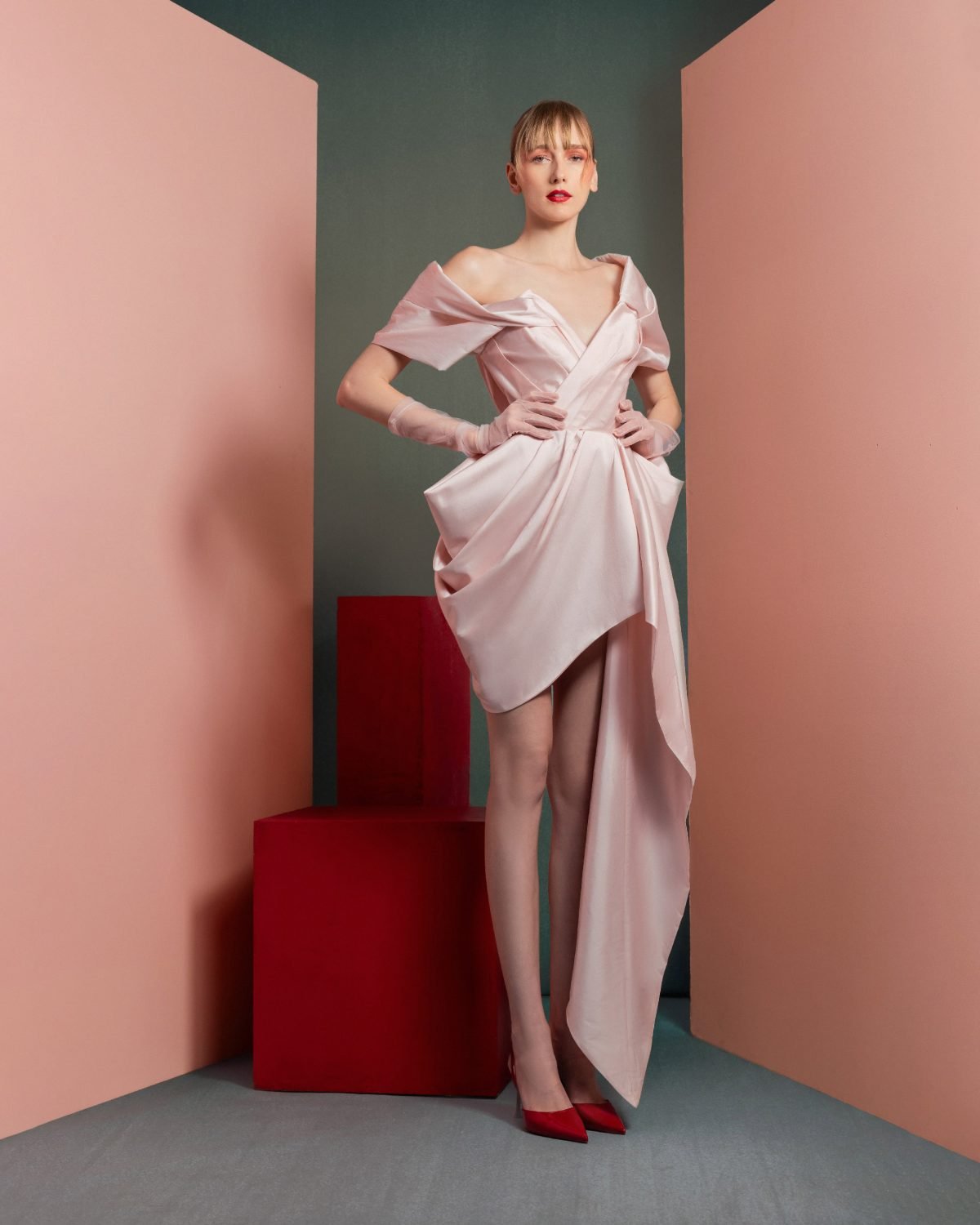 Asymmetrical Pink Taffeta Dress with Dynamic Off-Shoulders