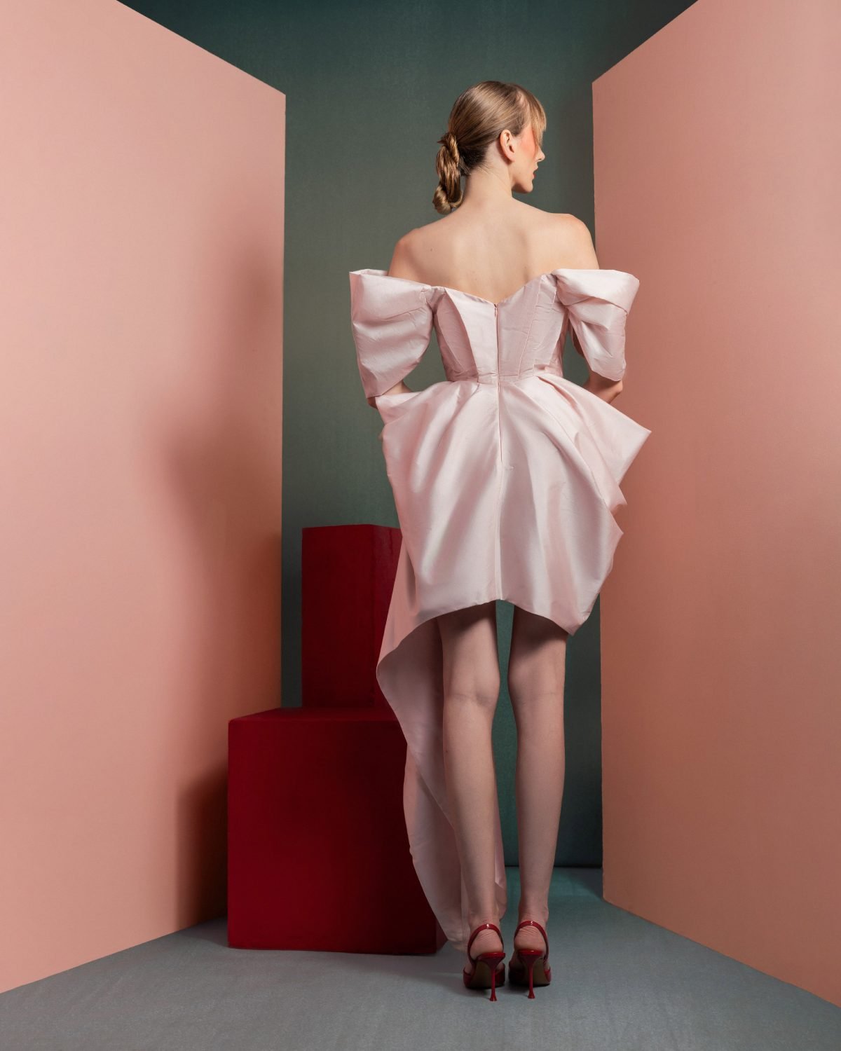 Asymmetrical Pink Taffeta Dress with Dynamic Off-Shoulders