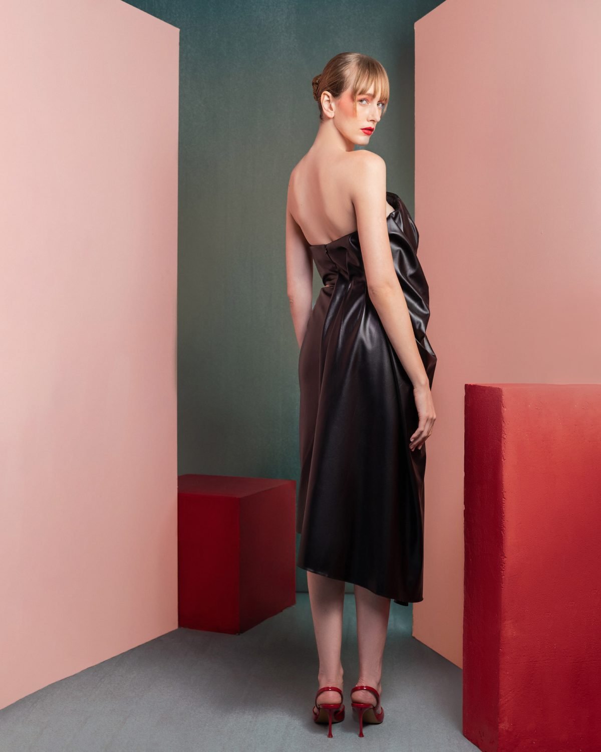 Sleek Black Leather One-Shoulder Dress with Cut-Out Detail