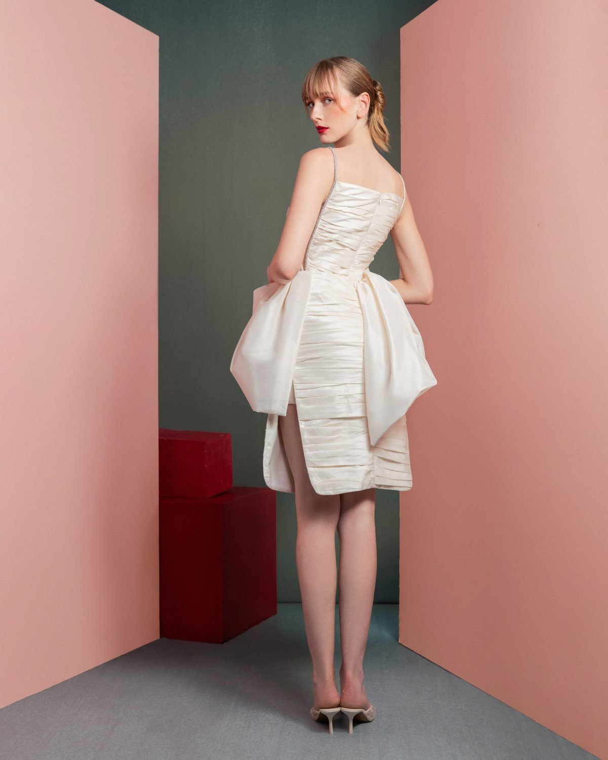 Off-White Taffeta Dress with Unique Draping and Mesh Sides