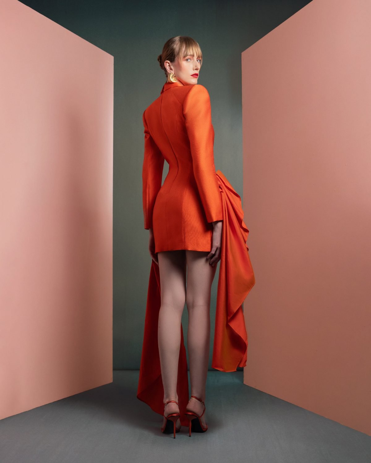 Draped Mikado and Taffeta Vibrant Orange Jacket Dress